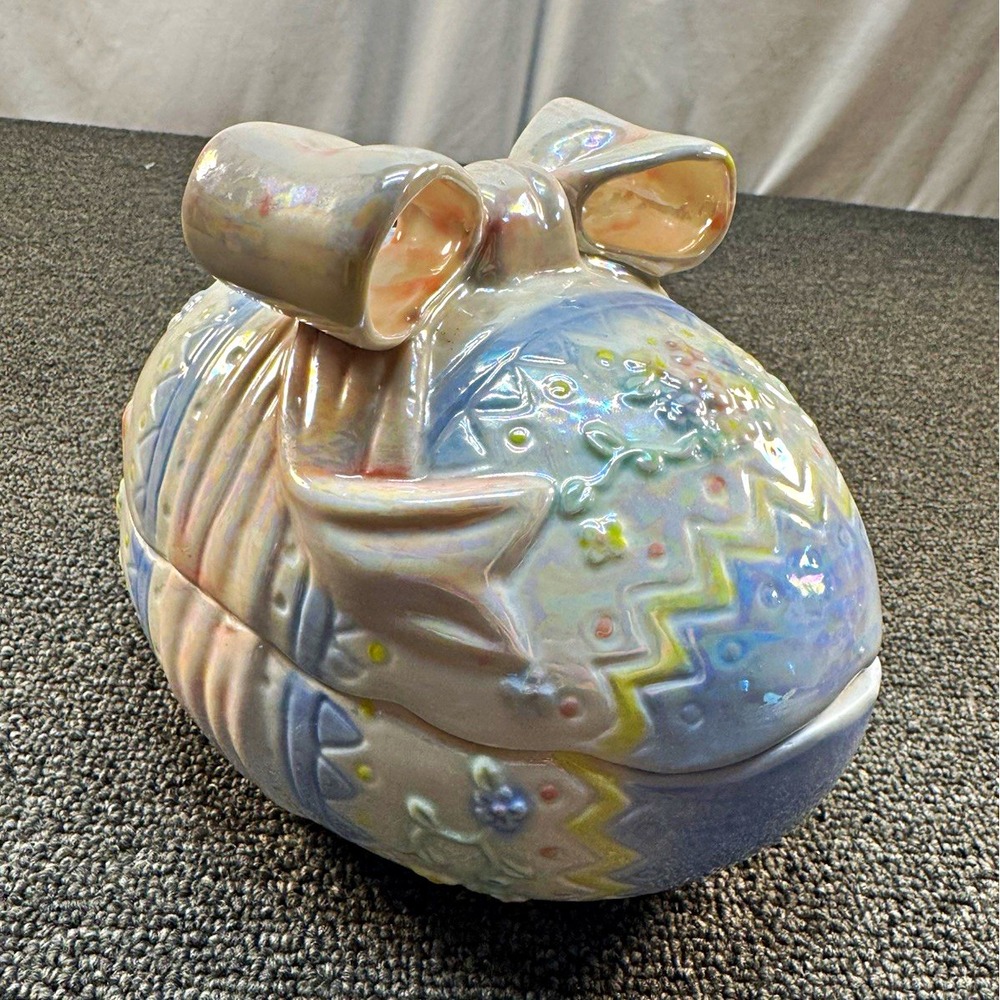 Multicolor Floral Ceramic Egg Cookie Jar With Lid Holiday Seasonal